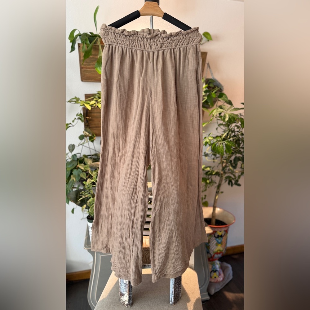 Pinch High Paper Bag Waisted Wide Leg Flowy Palazzo Pants Beige Large